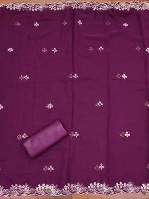 wine georgette embroidered unstitched dressmaterials 3 pair top bottom dupptaa 3