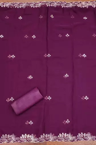 wine georgette embroidered unstitched dressmaterials 3 pair top bottom dupptaa