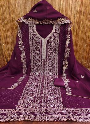 wine georgette embroidered unstitched dressmaterials 3 pair top bottom dupptaa 4
