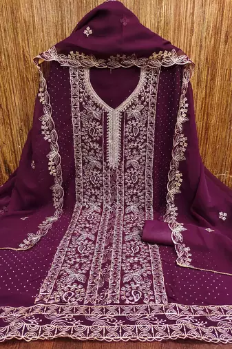 wine georgette embroidered unstitched dressmaterials 3 pair top bottom dupptaa