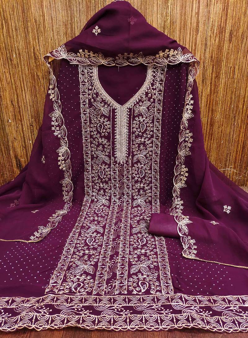 wine georgette embroidered unstitched dressmaterials 3 pair top bottom dupptaa