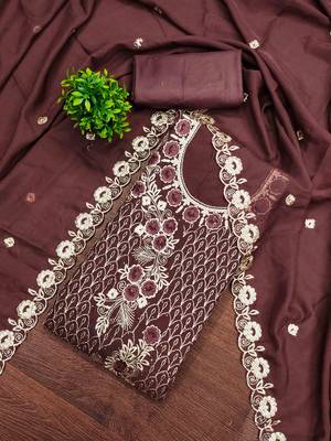 brown georgette embroidered unstitched dressmaterials 3 pair top bottom dupptaa 1