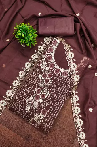 brown georgette embroidered unstitched dressmaterials 3 pair top bottom dupptaa