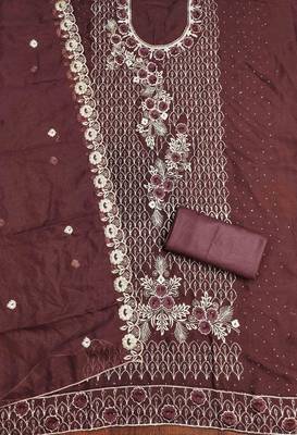 brown georgette embroidered unstitched dressmaterials 3 pair top bottom dupptaa 2