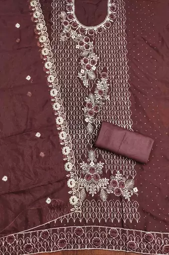 brown georgette embroidered unstitched dressmaterials 3 pair top bottom dupptaa