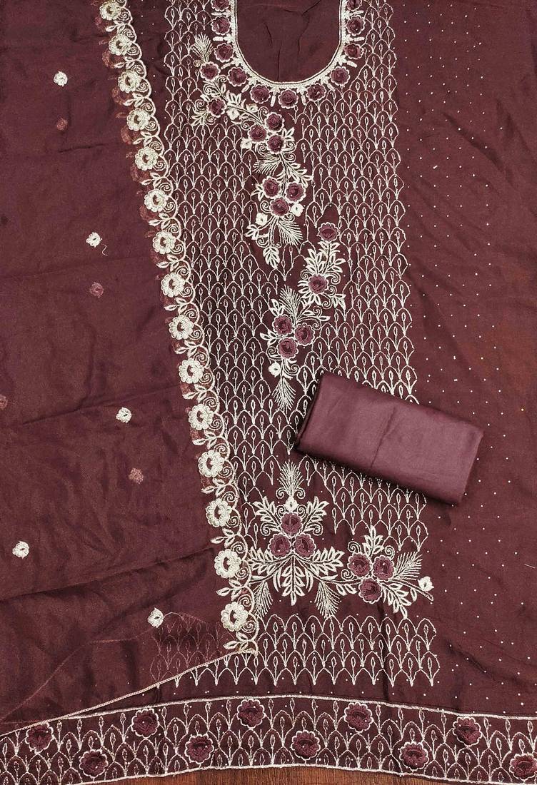 brown georgette embroidered unstitched dressmaterials 3 pair top bottom dupptaa