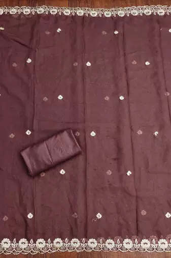 brown georgette embroidered unstitched dressmaterials 3 pair top bottom dupptaa