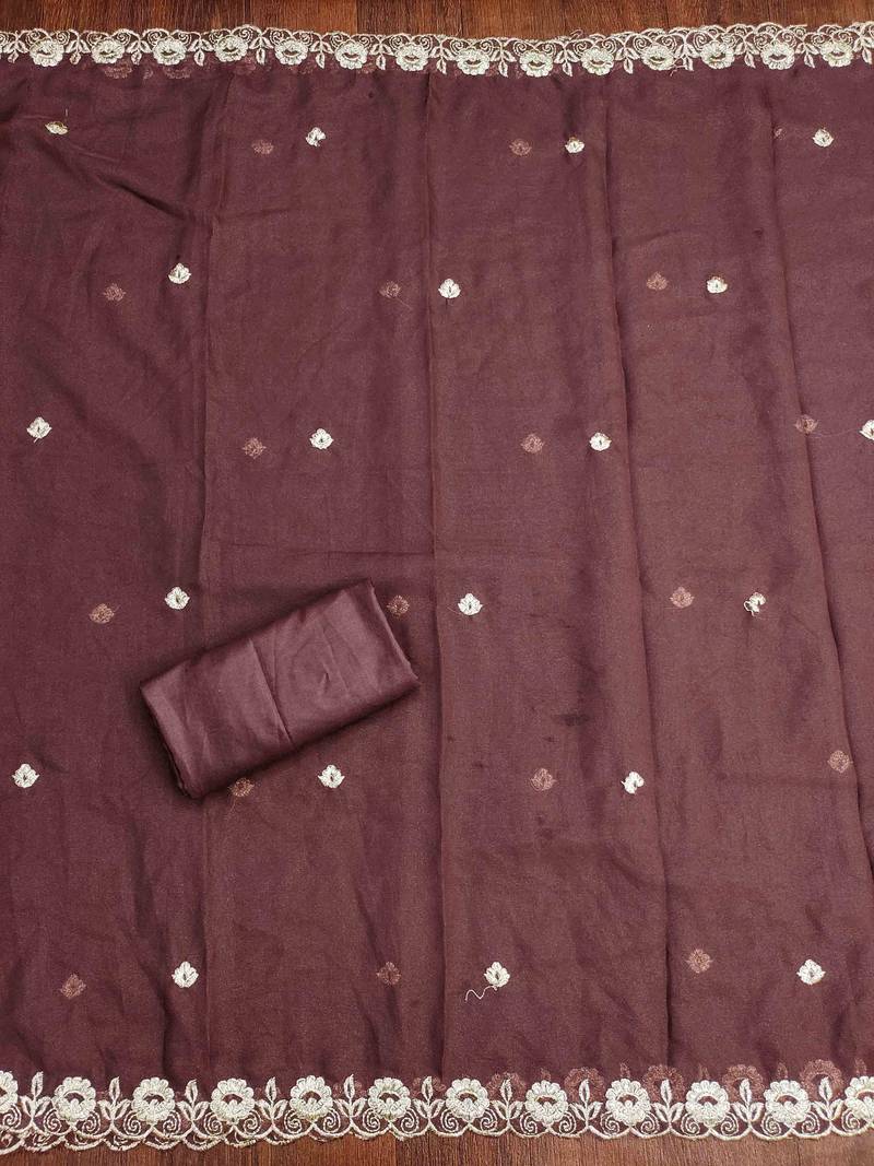 brown georgette embroidered unstitched dressmaterials 3 pair top bottom dupptaa