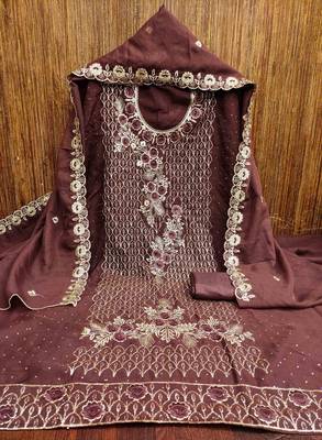 brown georgette embroidered unstitched dressmaterials 3 pair top bottom dupptaa 4