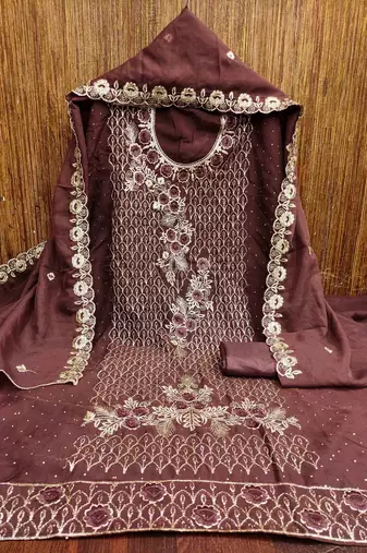 brown georgette embroidered unstitched dressmaterials 3 pair top bottom dupptaa