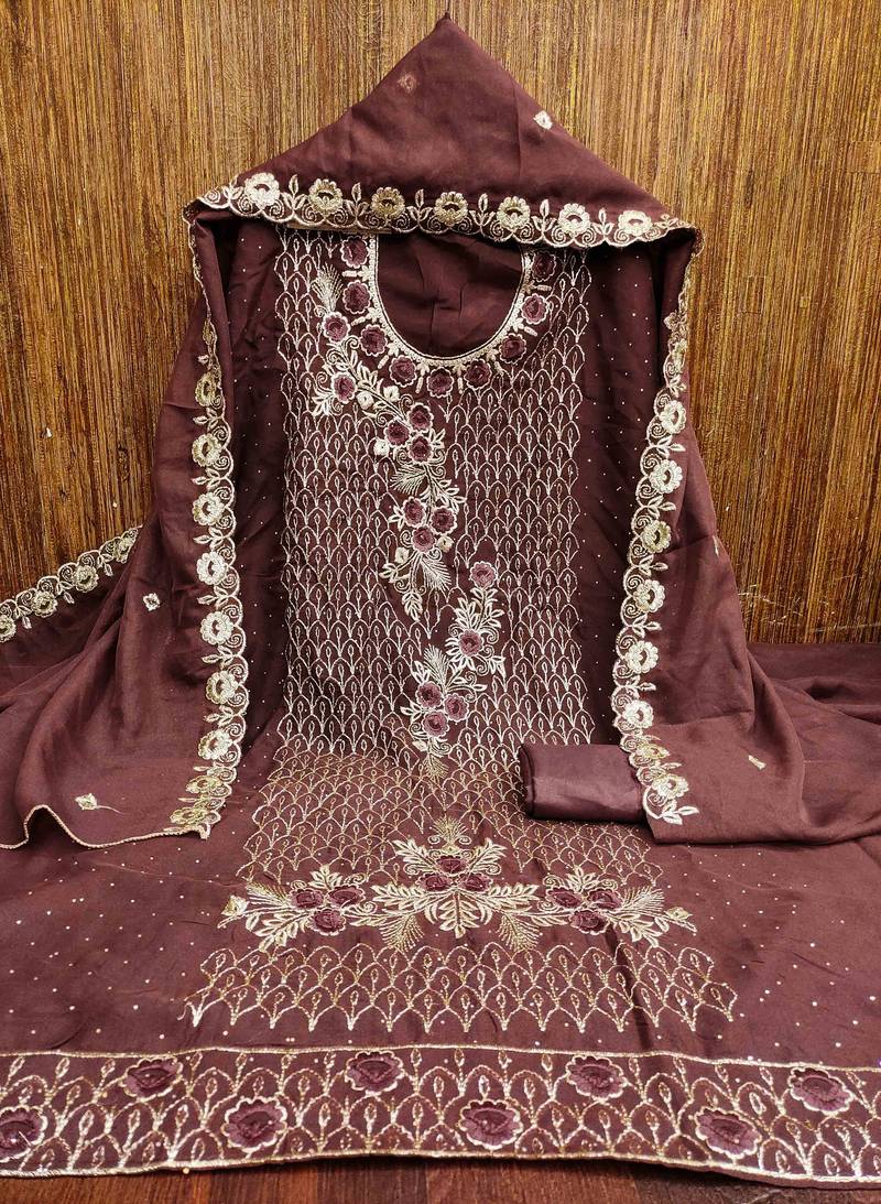 brown georgette embroidered unstitched dressmaterials 3 pair top bottom dupptaa
