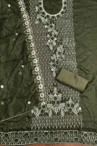 sea green georgette embroidered unstitched dressmaterials 3 pair top bottom dupptaa
