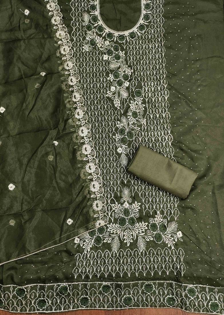 sea green georgette embroidered unstitched dressmaterials 3 pair top bottom dupptaa