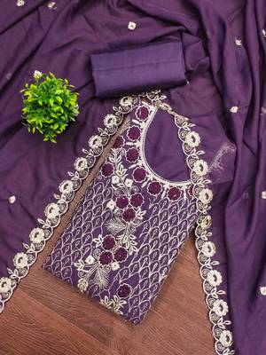 purple georgette embroidered unstitched dressmaterials 3 pair top bottom dupptaa 1