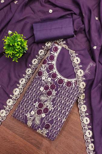 purple georgette embroidered unstitched dressmaterials 3 pair top bottom dupptaa