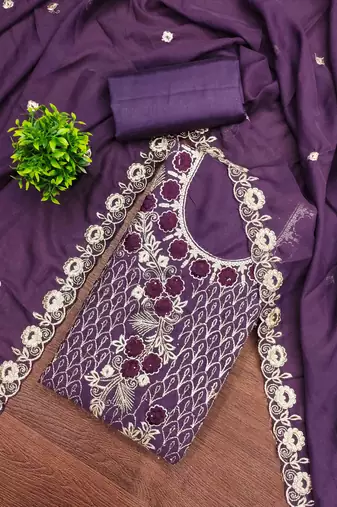purple georgette embroidered unstitched dressmaterials 3 pair top bottom dupptaa