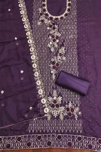 purple georgette embroidered unstitched dressmaterials 3 pair top bottom dupptaa