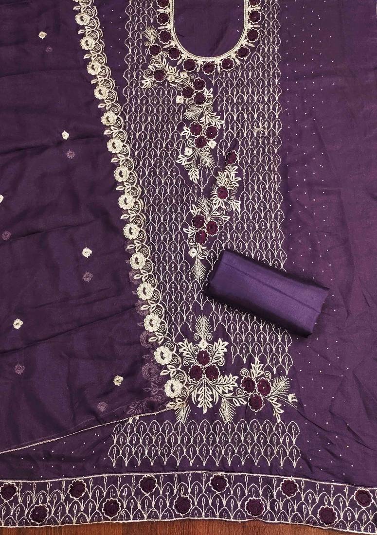 purple georgette embroidered unstitched dressmaterials 3 pair top bottom dupptaa