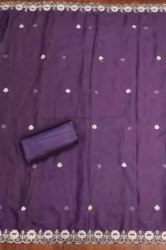 purple georgette embroidered unstitched dressmaterials 3 pair top bottom dupptaa