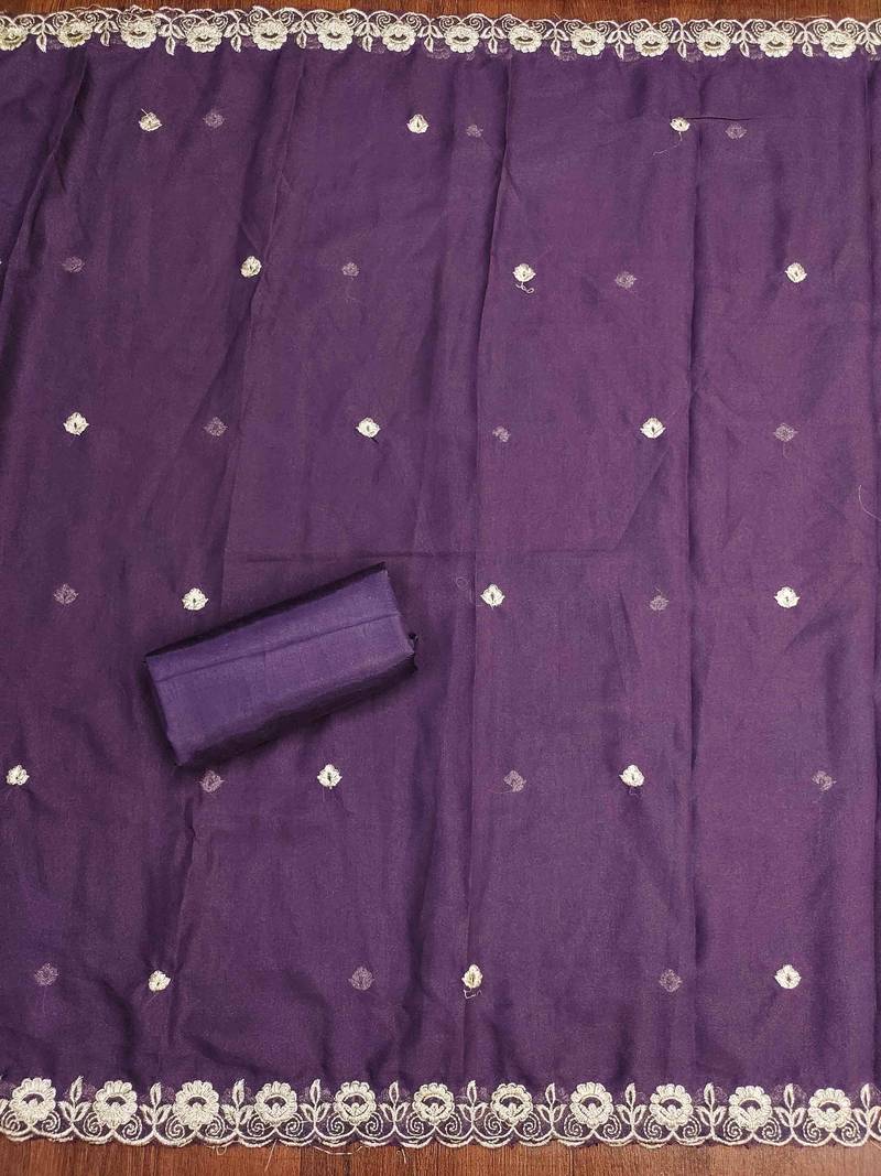 purple georgette embroidered unstitched dressmaterials 3 pair top bottom dupptaa