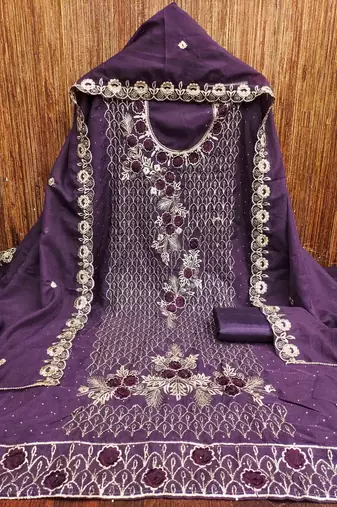 purple georgette embroidered unstitched dressmaterials 3 pair top bottom dupptaa