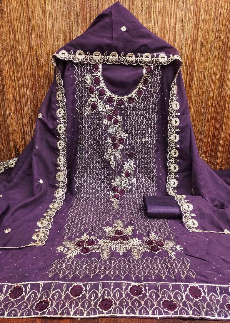 purple georgette embroidered unstitched dressmaterials 3 pair top bottom dupptaa