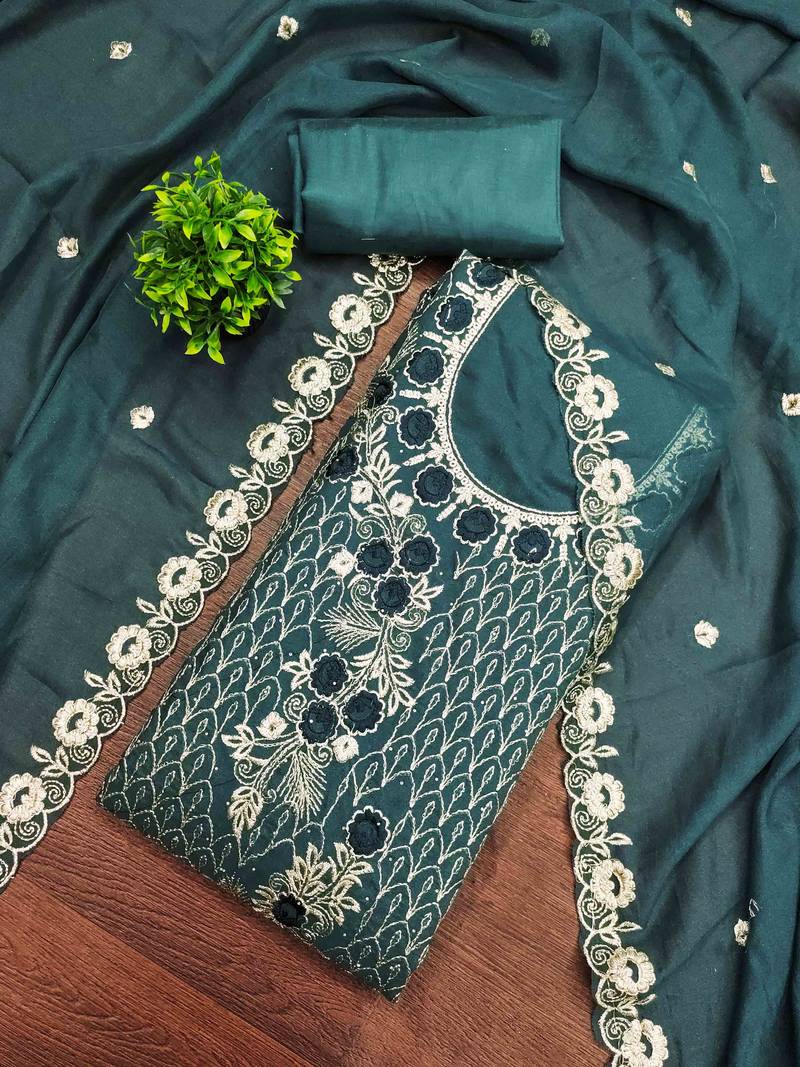 sky georgette embroidered unstitched dressmaterials 3 pair top bottom dupptaa