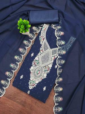 blue georgette embroidered unstitched dressmaterials 3 pair top bottom dupptaa 1