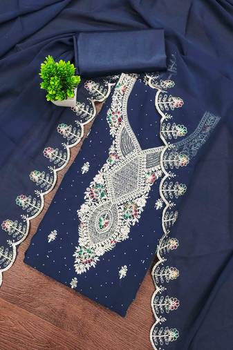 blue georgette embroidered unstitched dressmaterials 3 pair top bottom dupptaa