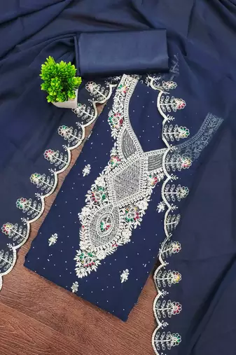 blue georgette embroidered unstitched dressmaterials 3 pair top bottom dupptaa