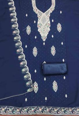 blue georgette embroidered unstitched dressmaterials 3 pair top bottom dupptaa 2