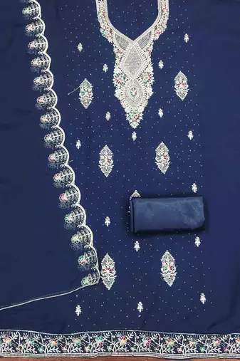 blue georgette embroidered unstitched dressmaterials 3 pair top bottom dupptaa