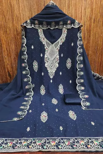 blue georgette embroidered unstitched dressmaterials 3 pair top bottom dupptaa