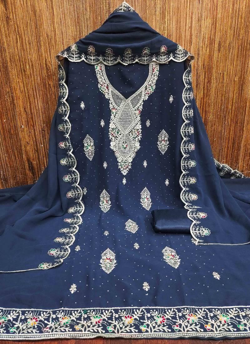 blue georgette embroidered unstitched dressmaterials 3 pair top bottom dupptaa