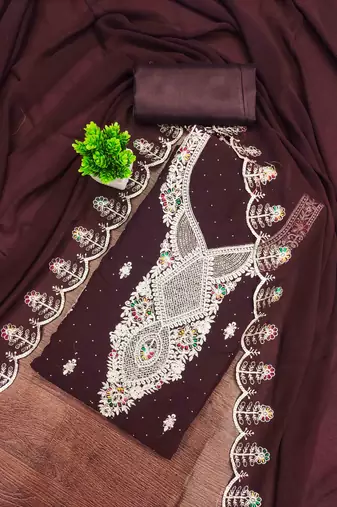brown georgette embroidered unstitched dressmaterials 3 pair top bottom dupptaa