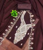brown georgette embroidered unstitched dressmaterials 3 pair top bottom dupptaa