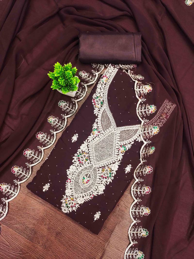 brown georgette embroidered unstitched dressmaterials 3 pair top bottom dupptaa