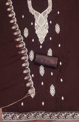 brown georgette embroidered unstitched dressmaterials 3 pair top bottom dupptaa 3