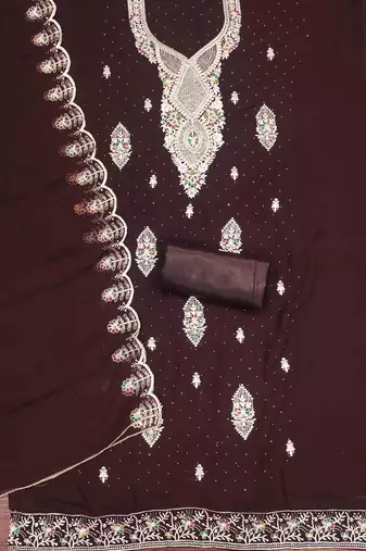brown georgette embroidered unstitched dressmaterials 3 pair top bottom dupptaa