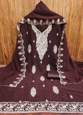 brown georgette embroidered unstitched dressmaterials 3 pair top bottom dupptaa 4