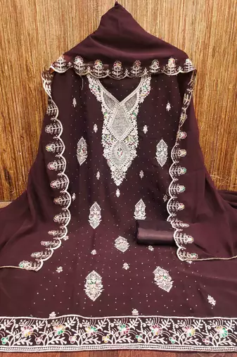 brown georgette embroidered unstitched dressmaterials 3 pair top bottom dupptaa