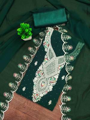 green georgette embroidered unstitched dressmaterials 3 pair top bottom dupptaa 1