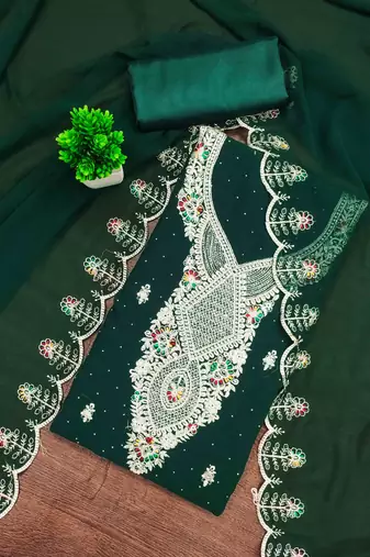green georgette embroidered unstitched dressmaterials 3 pair top bottom dupptaa