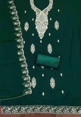 green georgette embroidered unstitched dressmaterials 3 pair top bottom dupptaa 2