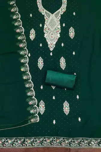 green georgette embroidered unstitched dressmaterials 3 pair top bottom dupptaa
