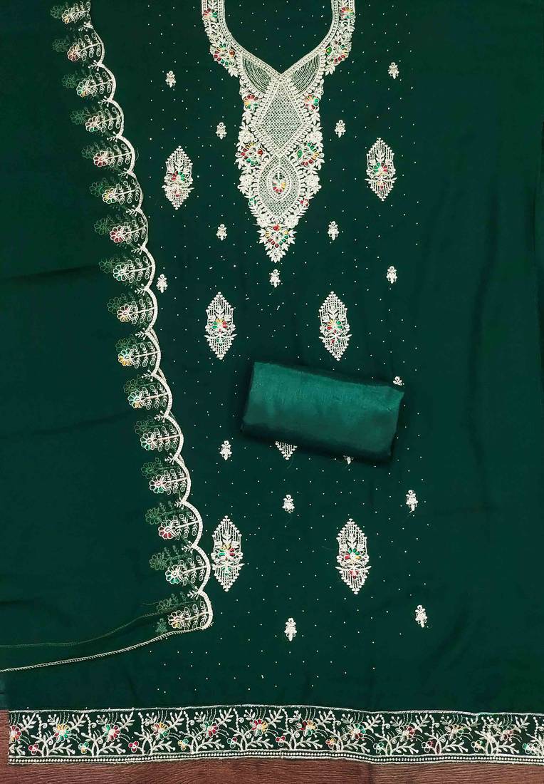 green georgette embroidered unstitched dressmaterials 3 pair top bottom dupptaa