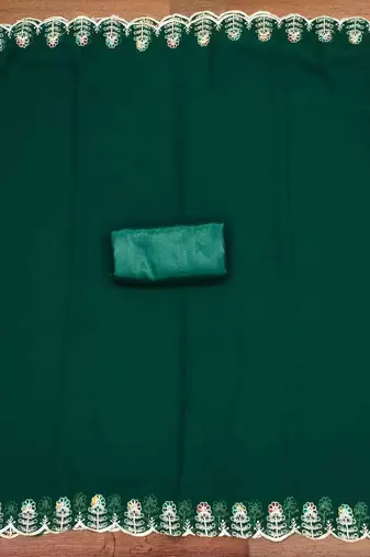 green georgette embroidered unstitched dressmaterials 3 pair top bottom dupptaa