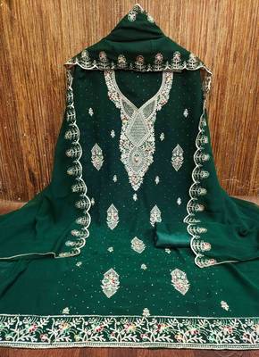 green georgette embroidered unstitched dressmaterials 3 pair top bottom dupptaa 4
