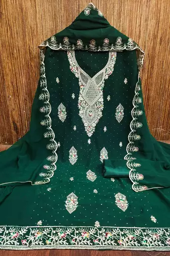 green georgette embroidered unstitched dressmaterials 3 pair top bottom dupptaa