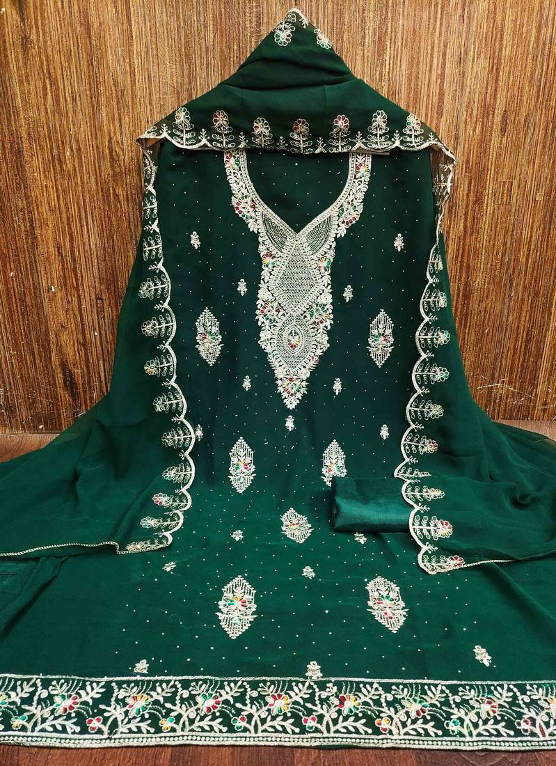green georgette embroidered unstitched dressmaterials 3 pair top bottom dupptaa